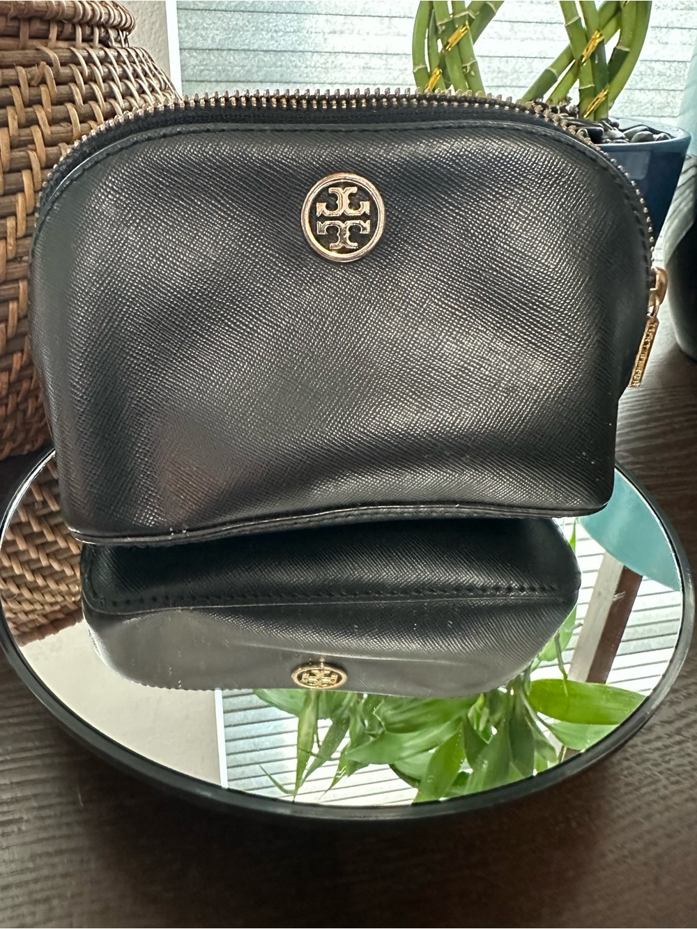 Tory Burch Black Saffiano Leather Cosmetic Case with Gold Logo
